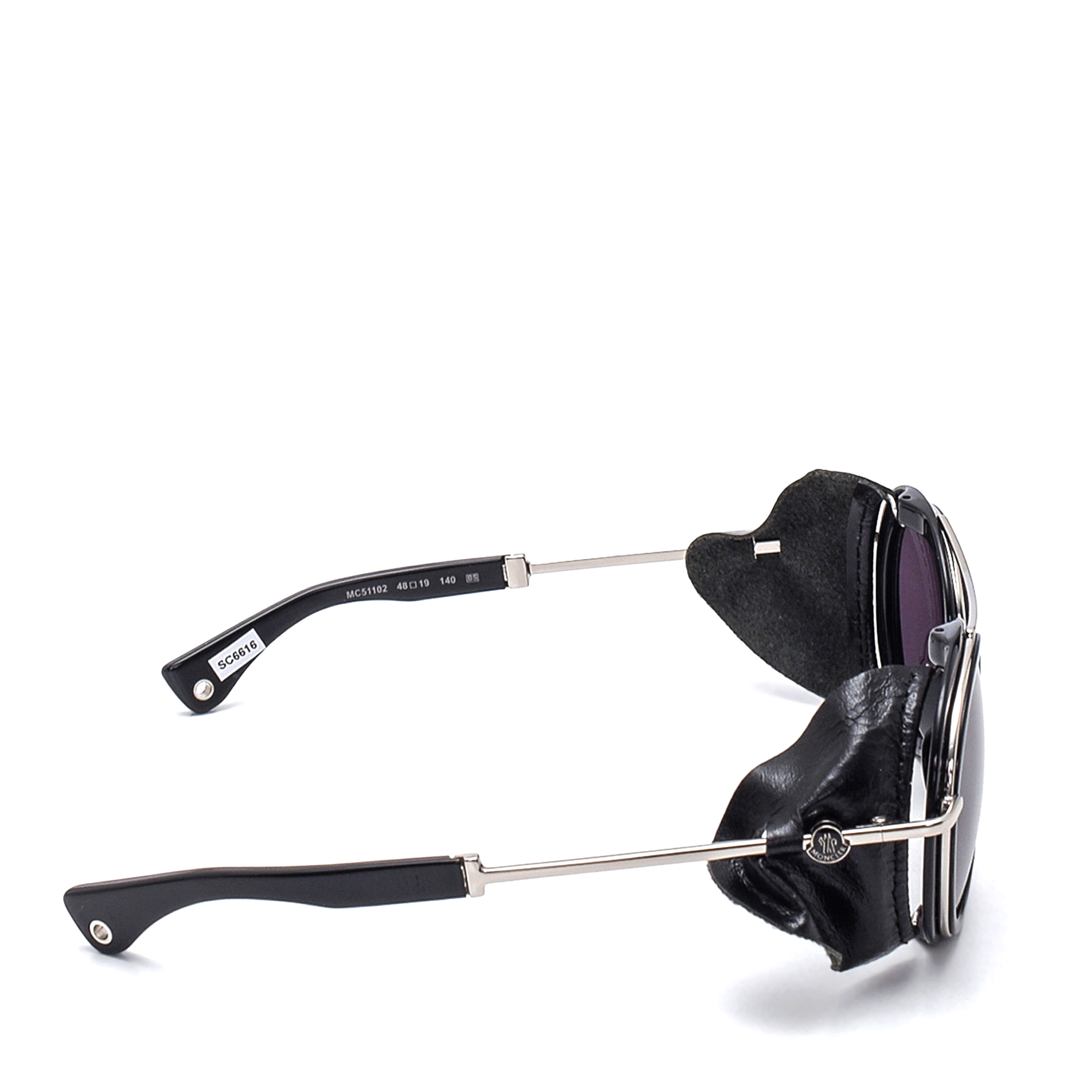 Moncler - Black Leather & Silver Metal Round Sunglasses